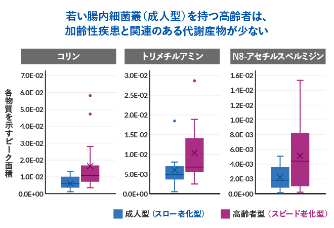 若い腸内細菌叢(成人型)を持つ高齢者は、加齢性疾患と関連のある代謝産物が少ない
